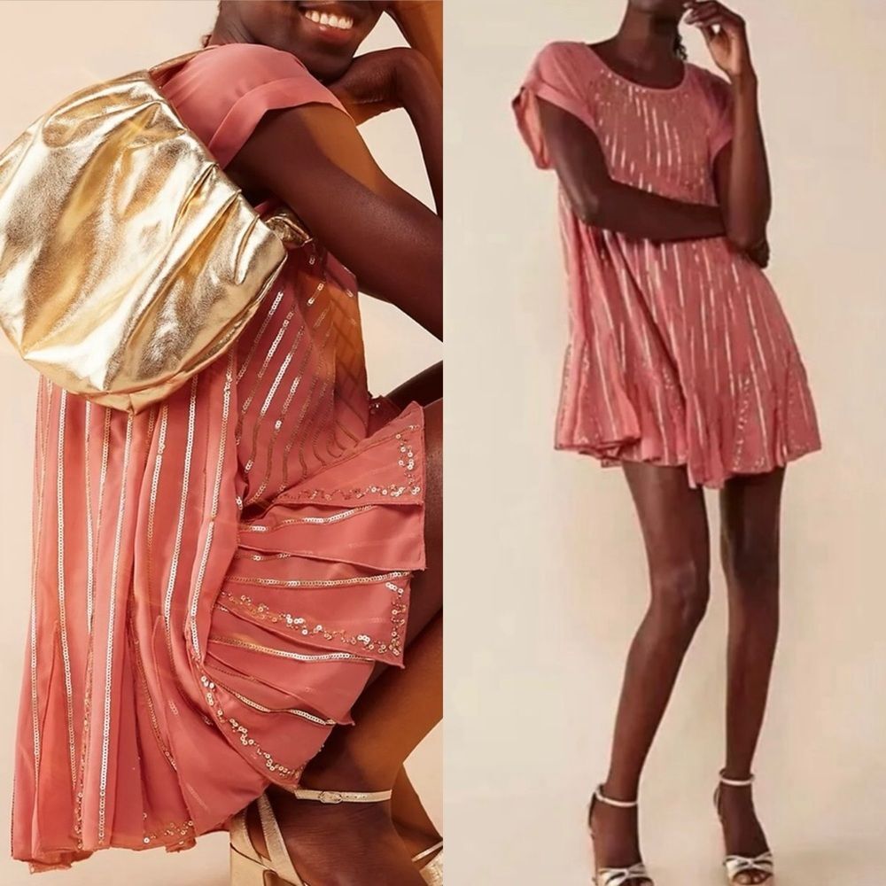 NWT Free People Mint Julep Pink Coral Sequin Sleeved Mini Dress